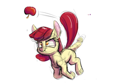 Size: 1280x853 | Tagged: safe, artist:heir-of-rick, apple bloom, pony, apple, food, kicking, missing accessory, solo