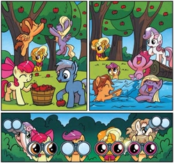 Size: 1041x975 | Tagged: safe, artist:agnesgarbowska, idw, apple bloom, gilded lily, scootaloo, sweetie belle, earth pony, pegasus, pony, unicorn, spoiler:comic, spoiler:comic60, apple, apple tree, background pony, binoculars, bow, colt, comic, cutie mark crusaders, female, filly, foal, food, male, official comic, playing, speech bubble, tree, unmamed pony, water