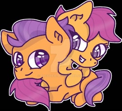 Size: 900x822 | Tagged: safe, artist:rosiepie15, scootaloo, tender taps, earth pony, pegasus, pony, headcanon, watermark