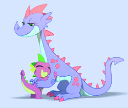 Size: 1175x990 | Tagged: safe, artist:imalou, spike, oc, dragon, blue background, cute, dragoness, duo, eyes closed, female, hug, lidded eyes, looking down, male, mother and child, mother and son, parent and child, simple background, size difference, smiling, spikabetes, spike's mother, spikelove