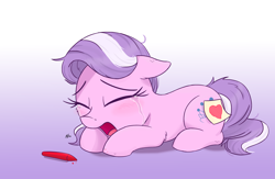 Size: 2500x1630 | Tagged: safe, artist:j24262756, diamond tiara, earth pony, pony, crayon, crying, eyes closed, female, filly, heart, open mouth, sad, simple background, solo, the pony i want to be