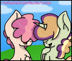 Size: 1024x876 | Tagged: safe, artist:rosiepie15, oc, oc only, oc:peachy, oc:somerset sour cider, earth pony, pony, unicorn, cousins, magical lesbian spawn, offspring, parent:apple bloom, parent:big macintosh, parent:diamond tiara, parent:sugar belle, parents:diamondbloom, parents:sugarmac