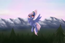 Size: 5167x3444 | Tagged: safe, artist:rameslack, oc, oc only, pegasus, pony, female, fir, flying, looking at you, mare, mountain, pine tree, scenery, solo, tree