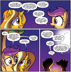 Size: 1162x1168 | Tagged: safe, artist:agnesgarbowska, idw, gilded lily, scootaloo, pony, unicorn, spoiler:comic, spoiler:comic60, comic, duo, female, filly, foal, full moon, moon, night, official comic, speech bubble, talking