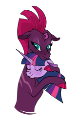 Size: 1171x1809 | Tagged: safe, artist:chroniqlo, fizzlepop berrytwist, tempest shadow, twilight sparkle, twilight sparkle (alicorn), alicorn, unicorn, my little pony: the movie, blushing, broken horn, duo, eye scar, eyes closed, female, hug, lesbian, mare, scar, shipping, simple background, tempestlight, transparent background