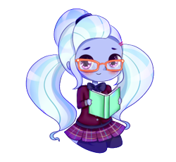 Size: 420x386 | Tagged: safe, artist:electricshine, sugarcoat, equestria girls, blushing, book, chibi, clothes, crystal prep academy uniform, cute, female, glasses, looking at you, school uniform, simple background, sitting, skirt, smiling, solo, sugarcute, transparent background