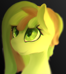 Size: 879x991 | Tagged: safe, artist:woononna, oc, oc only, oc:green treat, bust, chromatic aberration, colored pupils, gradient background, looking at something, portrait, smiling, solo