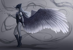 Size: 1024x711 | Tagged: safe, artist:twinwaddle, nightmare moon, human, armor, boots, clothes, crying, eyes closed, helmet, horned humanization, humanized, leotard, redraw, shoes, solo, unconvincing armor, winged humanization, wings