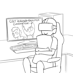 Size: 800x800 | Tagged: safe, artist:unsavorydom, tender taps, train tracks (character), oc, oc:anon, human, pony, computer, lineart, pillow, virtual reality