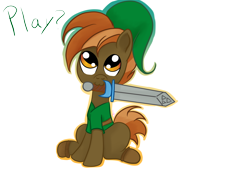 Size: 2874x1941 | Tagged: safe, artist:silversthreads, button mash, earth pony, pony, :3, :i, boots, buttonbetes, clothes, colt, crossover, cute, dialogue, foal, hat, link, looking up, male, mouth hold, nom, shoes, simple background, sitting, smiling, solo, sword, text, the legend of zelda, the legend of zelda: ocarina of time, transparent background, weapon