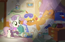 Size: 1036x666 | Tagged: safe, artist:pixelkitties, ms. harshwhinny, sweetie belle, earth pony, pony, unicorn, alcohol, bagpipes o'toole, bed, female, filly, food, hangover, magic, mare, open mouth, s'mores, scotch, sleep mask, vodka, votehorse, whiskey