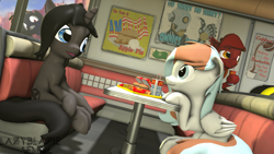 Size: 3840x2160 | Tagged: safe, artist:lazyblaziesfm, oc, oc only, oc:blaze emberbreath, oc:doge, oc:maya madrigal, oc:waffles, pegasus, pony, unicorn, 3d, burger, female, food, hamburger, high res, mare, mcdonald's, source filmmaker, wafflaze