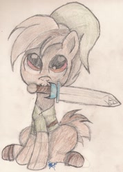 Size: 1382x1939 | Tagged: safe, artist:silversthreads, button mash, pony, buttonbetes, clothes, colored pencil drawing, colored sketch, colt, crossover, cute, foal, male, sketch, solo, sword, the legend of zelda, the legend of zelda: ocarina of time, traditional art, weapon