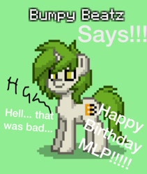 Size: 1278x1514 | Tagged: safe, artist:sirbumpaous, oc, oc only, oc:bumpy beatz, pony, happy birthday mlp:fim, mlp fim's seventh anniversary, pixel art, pony town, remastered, vulgar