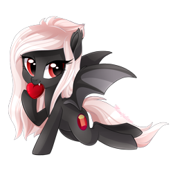 Size: 3000x3000 | Tagged: safe, artist:mimijuliane, oc, oc only, oc:midnight ruby, bat pony, pony, bat pony oc, cute, heart, long mane, red eyes, simple background, solo, transparent background