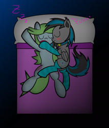 Size: 1600x1866 | Tagged: safe, artist:akakun, oc, oc only, oc:mareana sweetie, oc:smiley beam, earth pony, pegasus, pony, bed, blushing, eyes closed, female, lesbian, mare, oc x oc, purring, shipping, sleeping, smiling, zzz