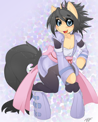 Size: 800x1000 | Tagged: safe, artist:larkdraws, oc, oc only, oc:blossomfall, pony, semi-anthro, unicorn, bipedal, clothes, cosplay, costume, sheena fujibayashi, solo, tales of symphonia