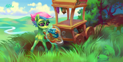 Size: 4199x2111 | Tagged: safe, artist:holivi, oc, oc only, earth pony, fish, pony, absurd resolution, carriage, commission, duo, female, grass, magic, mare, outdoors