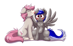 Size: 1699x1076 | Tagged: safe, artist:confetticakez, oc, oc only, oc:bassy, oc:intrepid charm, pegasus, pony, unicorn, ear licking, gay, male, spread wings, stallion, wingboner, wings