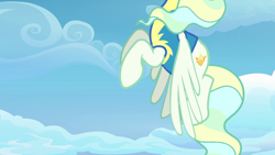 Size: 1920x1080 | Tagged: safe, screencap, vapor trail, pony, top bolt, clothes, cloud, flying, solo, uniform, wonderbolt trainee uniform