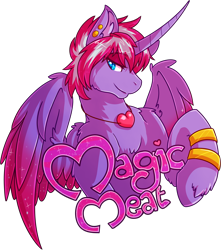 Size: 2336x2647 | Tagged: safe, artist:dogi-crimson, oc, oc only, oc:magic meat, alicorn, pony, alicorn oc, badge, bracelet, colored wings, gradient wings, jewelry, male, necklace, solo