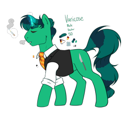 Size: 3250x3000 | Tagged: safe, artist:klngkumquat, oc, oc only, oc:varicose, unicorn, clothes, doctor, eyes closed, glowing horn, magic, male, necktie, older, reference sheet, simple background, smoking, solo, telekinesis, transparent background