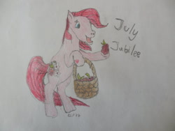 Size: 1024x768 | Tagged: safe, artist:berrysweetpony, earth pony, pony, g3, basket, bipedal, female, food, hoof hold, july jubilee, mare, name, raspberry (food), solo, traditional art