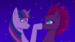 Size: 1920x1080 | Tagged: safe, artist:chagold, tempest shadow, twilight sparkle, my little pony: the movie, boop, nose wrinkle, scrunchy face