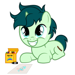 Size: 6667x6667 | Tagged: safe, artist:besttubahorse, oc, oc only, oc:spectral song, pony, unicorn, absurd resolution, crayons, cute, drawing, green eyes, male, ocbetes, simple background, smiling, solo, transparent background, vector