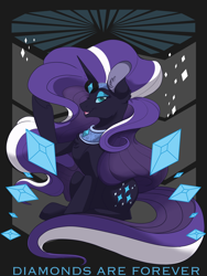 Size: 3000x4000 | Tagged: safe, artist:itstaylor-made, nightmare rarity, unicorn, abstract background, cutie mark, diamond, female, huge ears, looking at you, mare, open mouth, raised hoof, sitting, smiling, solo