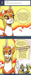 Size: 750x1784 | Tagged: safe, artist:johnjoseco, daybreaker, alicorn, pony, unicorn, a royal problem, angry, ask, ask the solar destroyer, dialogue, fangs, fire, open mouth, royal guard, speech bubble, tumblr