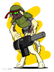 Size: 2000x2667 | Tagged: safe, artist:derpanater, oc, oc only, oc:rex "bad" bruno, diamond dog, hellhound, fallout equestria, armor, bandana, clothes, commission, gun, helmet, looking at you, minigun, scar, simple background, solo, standing, transparent background, weapon