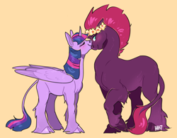 Size: 1172x910 | Tagged: safe, artist:hhazardart, fizzlepop berrytwist, tempest shadow, twilight sparkle, twilight sparkle (alicorn), alicorn, classical unicorn, pony, unicorn, my little pony: the movie, bashful, blushing, cloven hooves, curved horn, cute, female, floral head wreath, flower, kissing, leonine tail, lesbian, muscles, nose kiss, realistic horse legs, shipping, simple background, size difference, tempest shadow is tall, tempestlight, unshorn fetlocks, yellow background