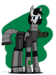 Size: 2000x2667 | Tagged: safe, artist:derpanater, oc, oc only, oc:tripwire, zony, fallout equestria, armor, commission, gun, male, powered exoskeleton, simple background, solo, weapon