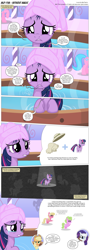 Size: 3300x9174 | Tagged: safe, artist:perfectblue97, aloe, applejack, daisy, flower wishes, lily, lily valley, rarity, twilight sparkle, earth pony, pony, unicorn, comic:without magic, absurd resolution, blank flank, bubble, clothes, comic, crying, earth pony twilight, fart, fart noise, hot tub, onomatopoeia, pointy ponies, sound effects, spa