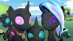 Size: 3840x2160 | Tagged: safe, artist:fiopon, oc, oc only, oc:erlen, oc:fluffy, oc:jasper, oc:minerva, changeling, 3d, bell, bell collar, changeling oc, cloud, collar, female, filly, flower, group, iridescence, outdoors, pink changeling, purple changeling, source filmmaker, tree