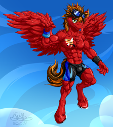 Size: 2000x2240 | Tagged: safe, artist:h-stallionwolf, oc, oc only, oc:marker pace, anthro, pegasus, unguligrade anthro, abs, armpits, biceps, clothes, flexing, goggles, horseshoes, male, muscles, pecs, racer, solo, spandex, stallion, wings, wristband