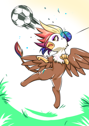 Size: 990x1400 | Tagged: safe, artist:bakki, oc, oc only, oc:rainbow feather, griffon, commission, female, football, interspecies offspring, magical lesbian spawn, multicolored hair, offspring, parent:gilda, parent:rainbow dash, parents:gildash, solo