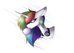 Size: 1024x735 | Tagged: safe, artist:umiimou, oc, oc only, pony, unicorn, bubblegum, bust, food, gum, headphones, rainbow hair, simple background, solo, transparent background