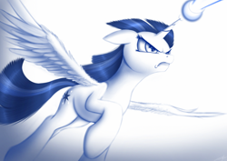 Size: 1024x724 | Tagged: safe, artist:jeki, twilight sparkle, twilight sparkle (alicorn), alicorn, pony, female, fight, flying, gradient background, mare, monochrome, serious, serious face, solo