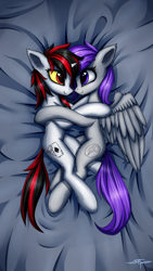 Size: 1080x1920 | Tagged: safe, artist:setharu, oc, oc only, oc:blackjack, oc:morning glory (project horizons), pegasus, pony, unicorn, fallout equestria, fallout equestria: project horizons, bed, female, gloryjack, hug, lesbian, oc x oc, shipping