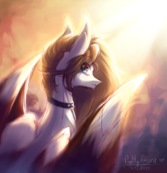 Size: 1024x1059 | Tagged: safe, artist:prettyshinegp, oc, oc only, pegasus, pony, collar, female, large wings, looking back, mare, requested art, solo, sunlight, wings