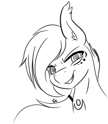 Size: 600x684 | Tagged: safe, artist:ipandacakes, artist:sinamuna, oc, oc only, oc:chronos, bat pony, pony, bat pony oc, body markings, ear fluff, gift art, male, monochrome, ponytail, signature, sketch, smiling, smirk, solo, stallion