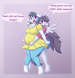 Size: 2365x2451 | Tagged: safe, artist:funble, oc, oc only, oc:silver dust, oc:silver streak, anthro, unguligrade anthro, anthro oc, belly, blushing, clothes, female, hug, mare, pregnant, sisters