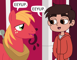 Size: 1368x1080 | Tagged: safe, artist:deaf-machbot, big macintosh, human, barn, crossover, eeyup, male, marco diaz, speech bubble, star vs the forces of evil, sweet apple acres