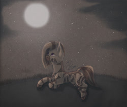 Size: 2152x1807 | Tagged: safe, artist:kimsteinandother, oc, oc only, zebra, moon, night, prone, solo, traditional art