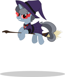 Size: 1024x1211 | Tagged: safe, artist:mlp-trailgrazer, oc, oc only, oc:nurse bloodlust, pony, unicorn, alicorn amulet, broom, dark magic, female, flying, flying broomstick, hat, magic, mare, nightmare night, simple background, solo, transparent background, witch, witch hat