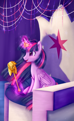 Size: 1667x2700 | Tagged: safe, artist:sparkiss-pony, twilight sparkle, twilight sparkle (alicorn), alicorn, pony, crown, friendship throne, jewelry, magic, regalia, scepter, solo, throne, twilight scepter