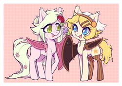 Size: 1000x707 | Tagged: safe, artist:paichitaron, oc, oc only, oc:rose pearl, oc:sweet magic, bat pony, pony, clothes, collar, cute, cute little fangs, duo, ear fluff, fangs, female, flower, flower in hair, lesbian, mare, ocbetes, shipping, smiling, socks