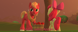 Size: 3840x1600 | Tagged: safe, artist:php34, apple bloom, big macintosh, earth pony, pony, 3d, apple, food, male, source filmmaker, stallion